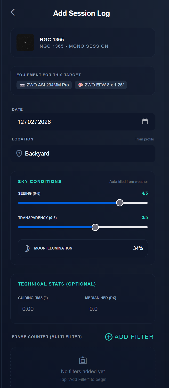 StellarLog Add New Session